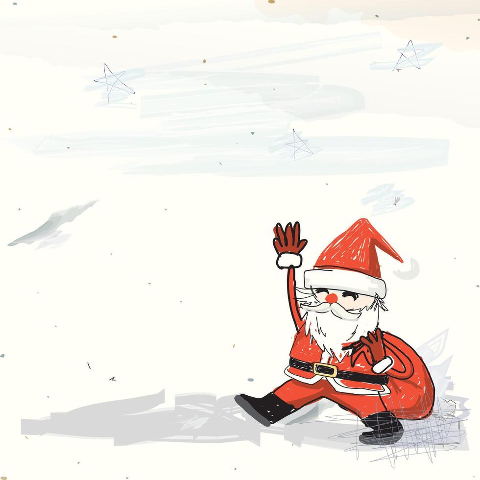 Funny Santa Claus with gift bag hand drawn childish style on old paper graphic illustration have blank space. Merry Christmas greeting card square template. vector