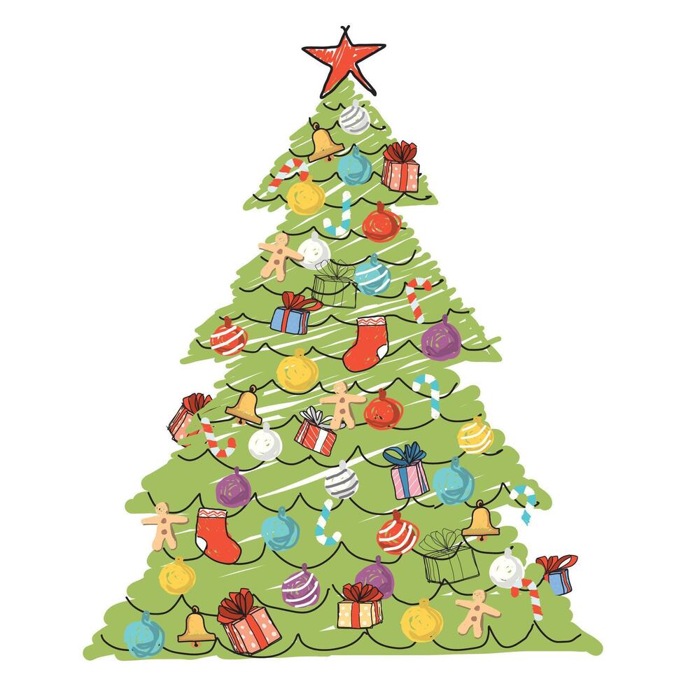 Decorated Christmas tree isolated hand drawn childish style on white background graphic illustration. vector