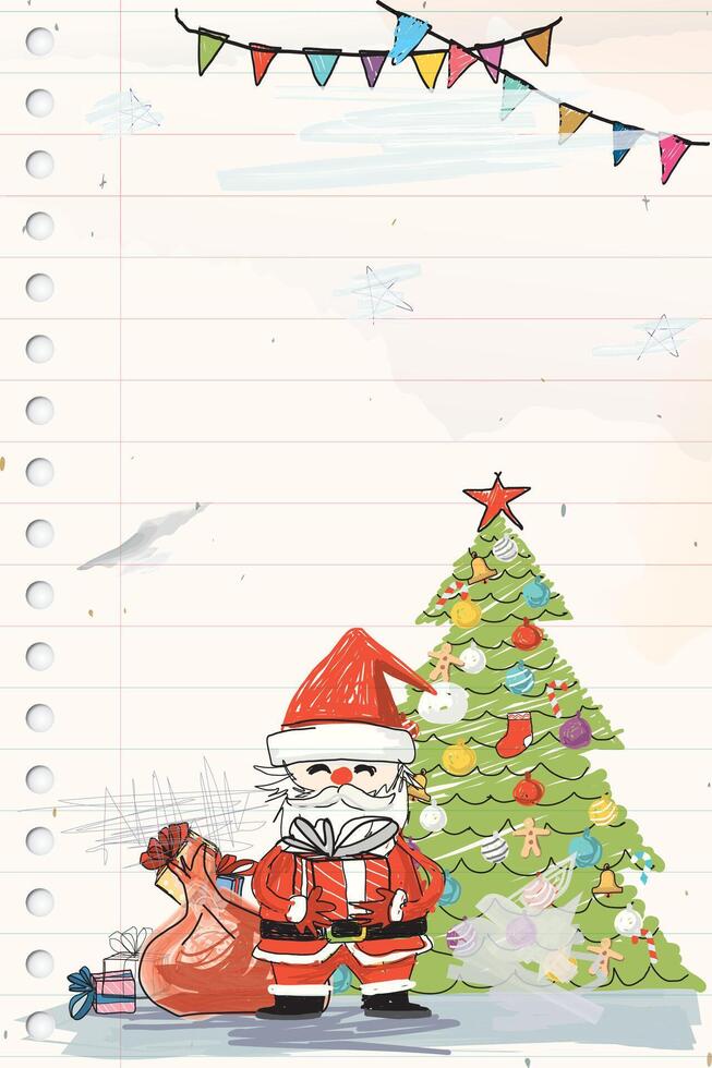 Santa Claus with gifts bag and Christmas tree hand drawn childish style on old notebook paper graphic illustration have blank space. Merry Christmas greeting card vertical template. vector