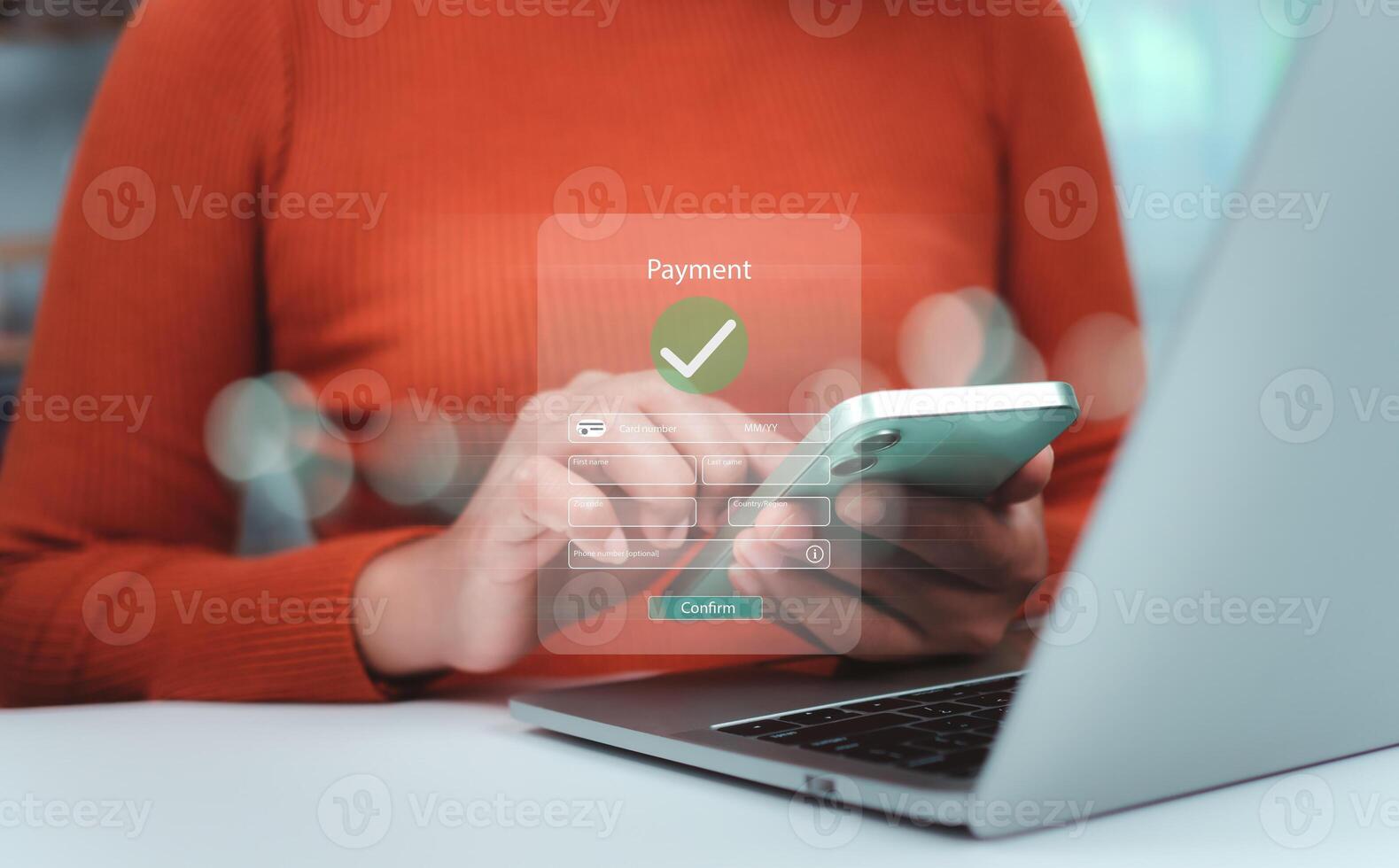 Online payment, Banking, Online shopping, Digital online payment concept, Businesswoman using smartphone, Technology online banking applications via internet network, Financial transaction. photo
