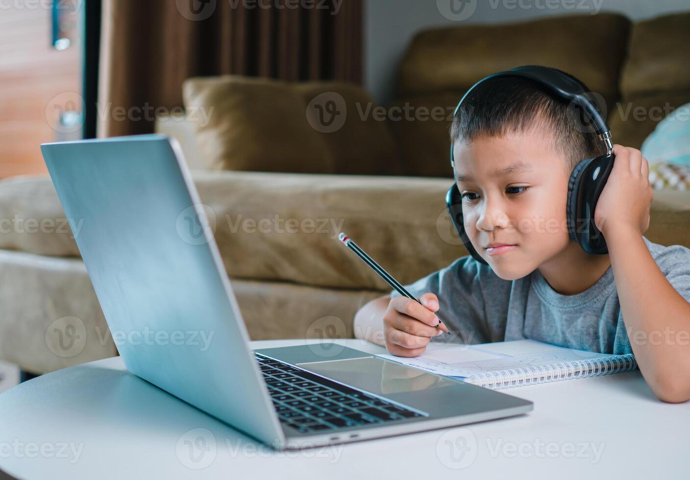 Online education, Technology studying at home using laptop computer, Student distance learning virtual distance online class on call virtual lesson, Teaching child boy with remote education. photo