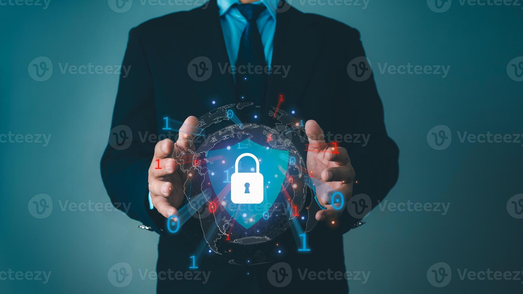 Businessman protecting data personal information on virtual interface, Network security system concept, Locked key inside a shield guard to protect personal identity, Cyber security network. photo