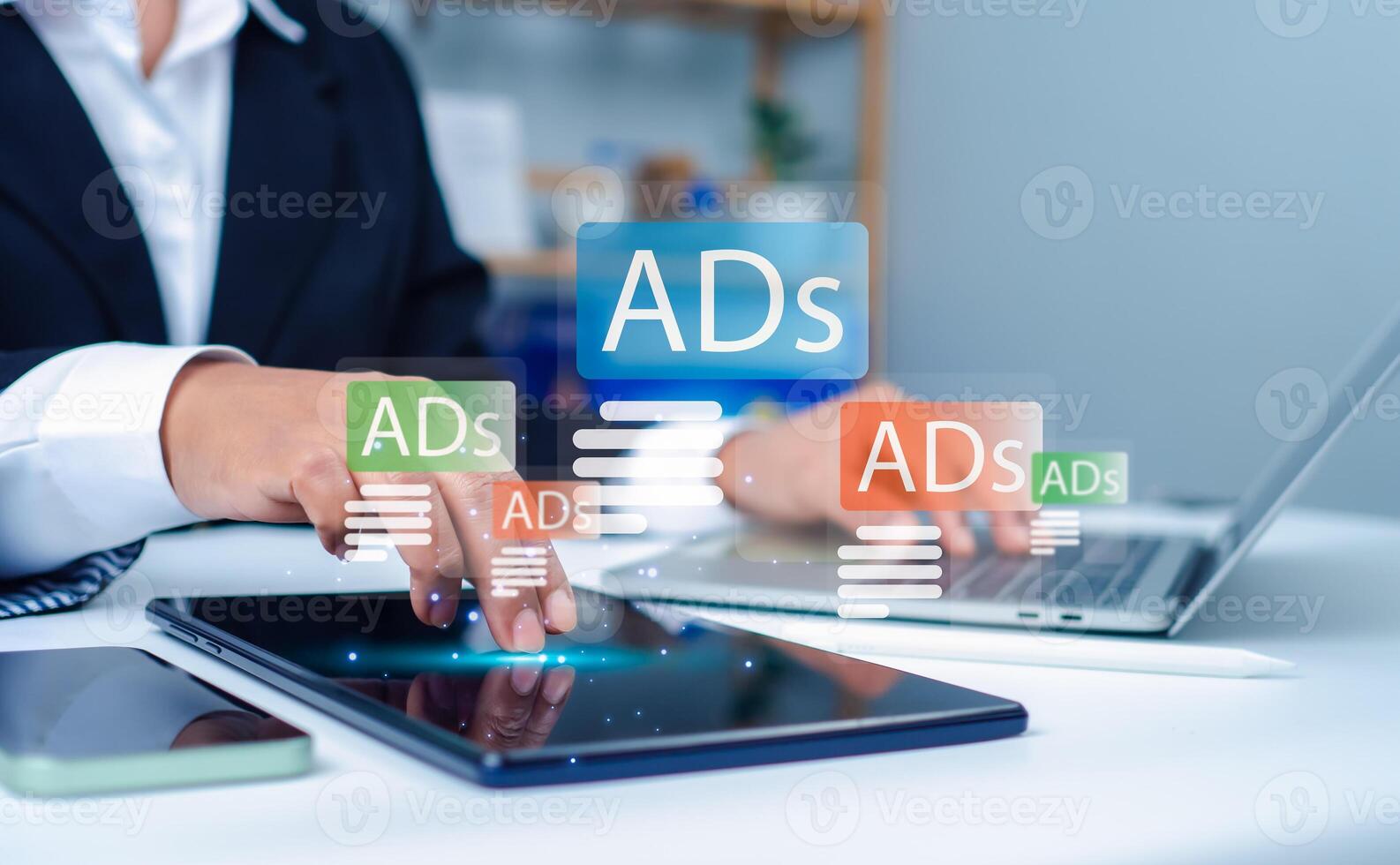 Digital marketing concept, Business woman using laptop and tablet with Ads dashboard digital marketing strategy analysis for branding, online advertisement, Ad on website and social media, SEO. photo