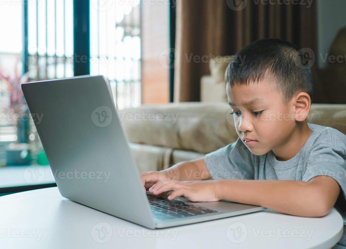 Technology studying at home using laptop computer, Student distance learning virtual distance online class on call virtual lesson, Parent or tutor teaching child boy with remote education. photo