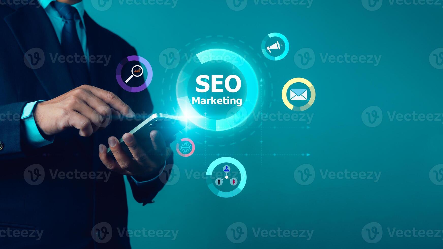 Businessman using smartphone for marketing strategy analysis, SEO Search Engine Marketing, SEO Search engine optimization, Marketing ranking traffic website internet, Business, marketing concept. photo