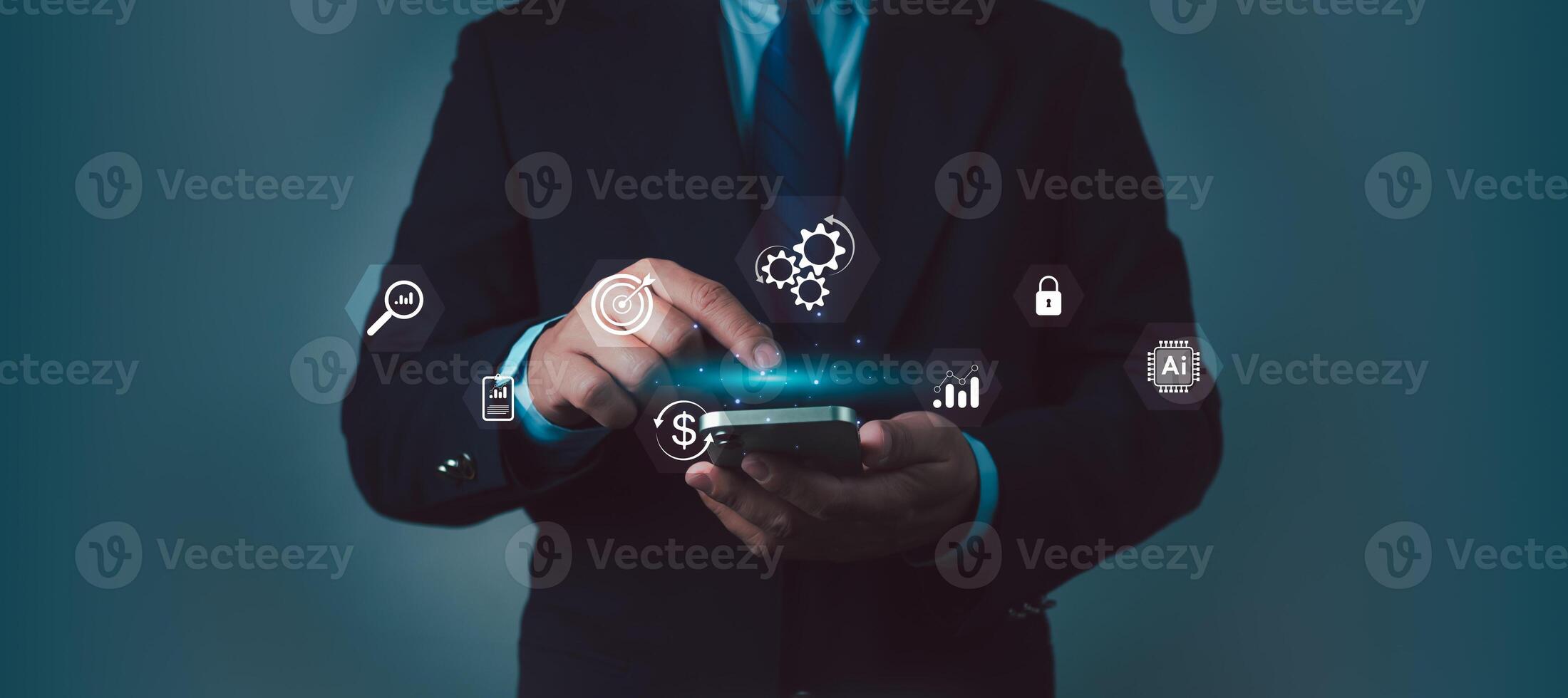 Businessman holding smartphone and showing business global connection, Business global internet connection application technology and digital marketing, Financial and banking, Digital link tech. photo