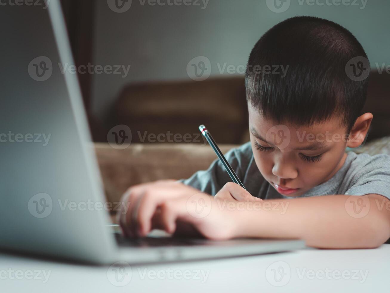Technology studying at home using laptop computer, Student distance learning virtual distance online class on call virtual lesson, Parent or tutor teaching child boy with remote education. photo