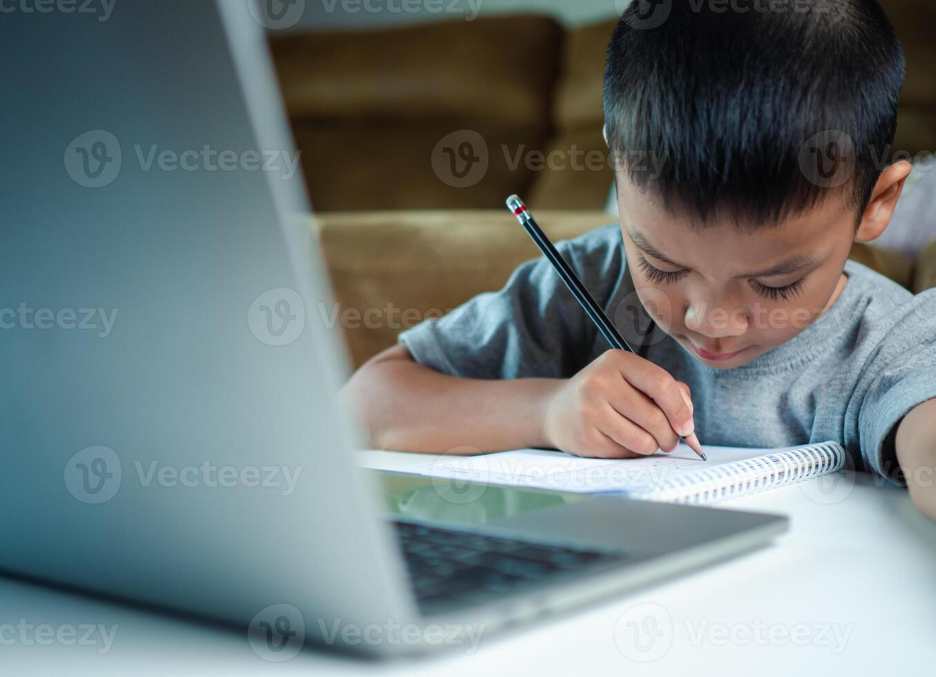 Technology studying at home using laptop computer, Student distance learning virtual distance online class on call virtual lesson, Parent or tutor teaching child boy with remote education. photo