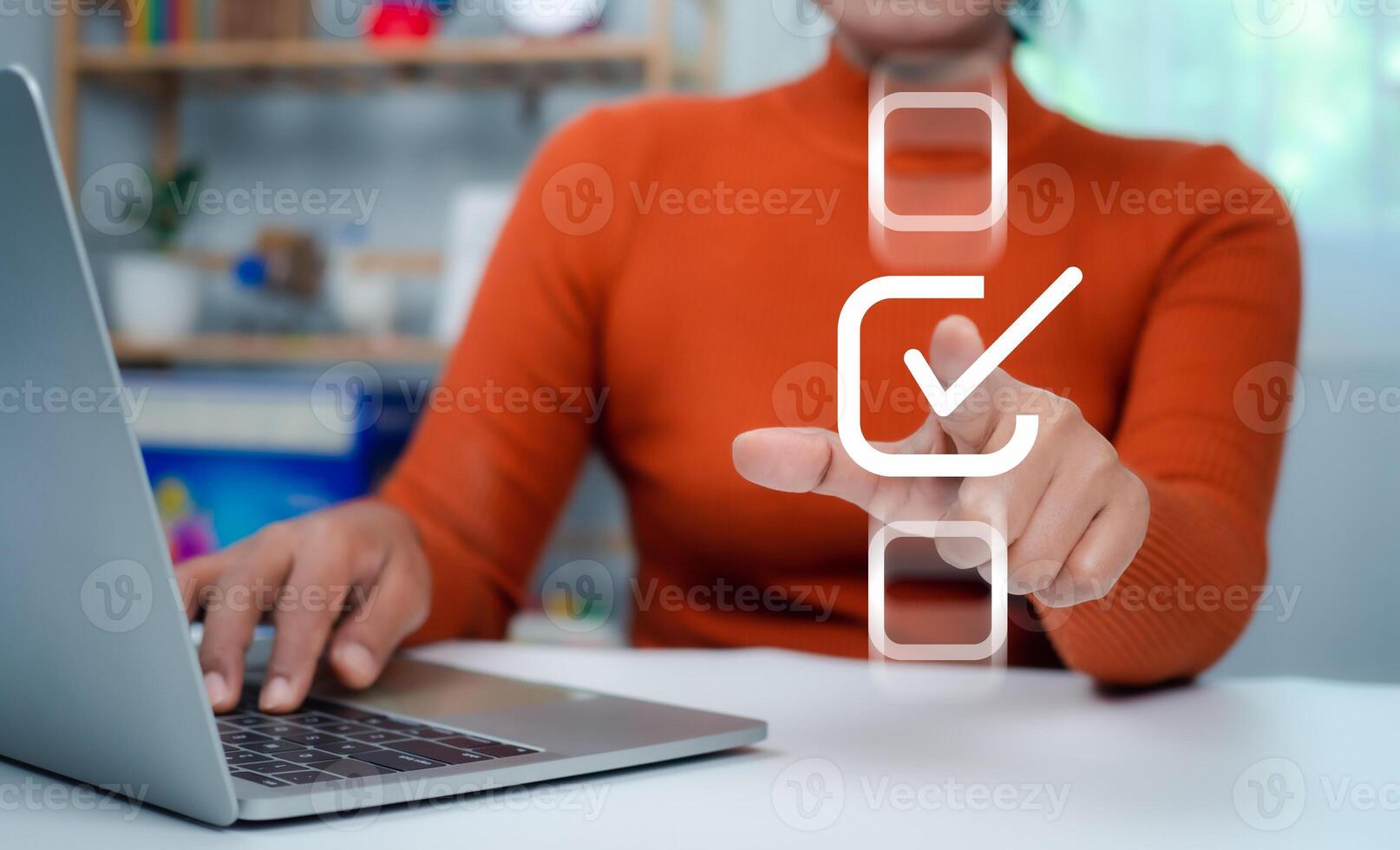 Businesswoman write or tick correct mark to approve document or project, Application for certificate, Quality management and assurance, Business certification, Pass inspection, Accept approved, QA, QC photo