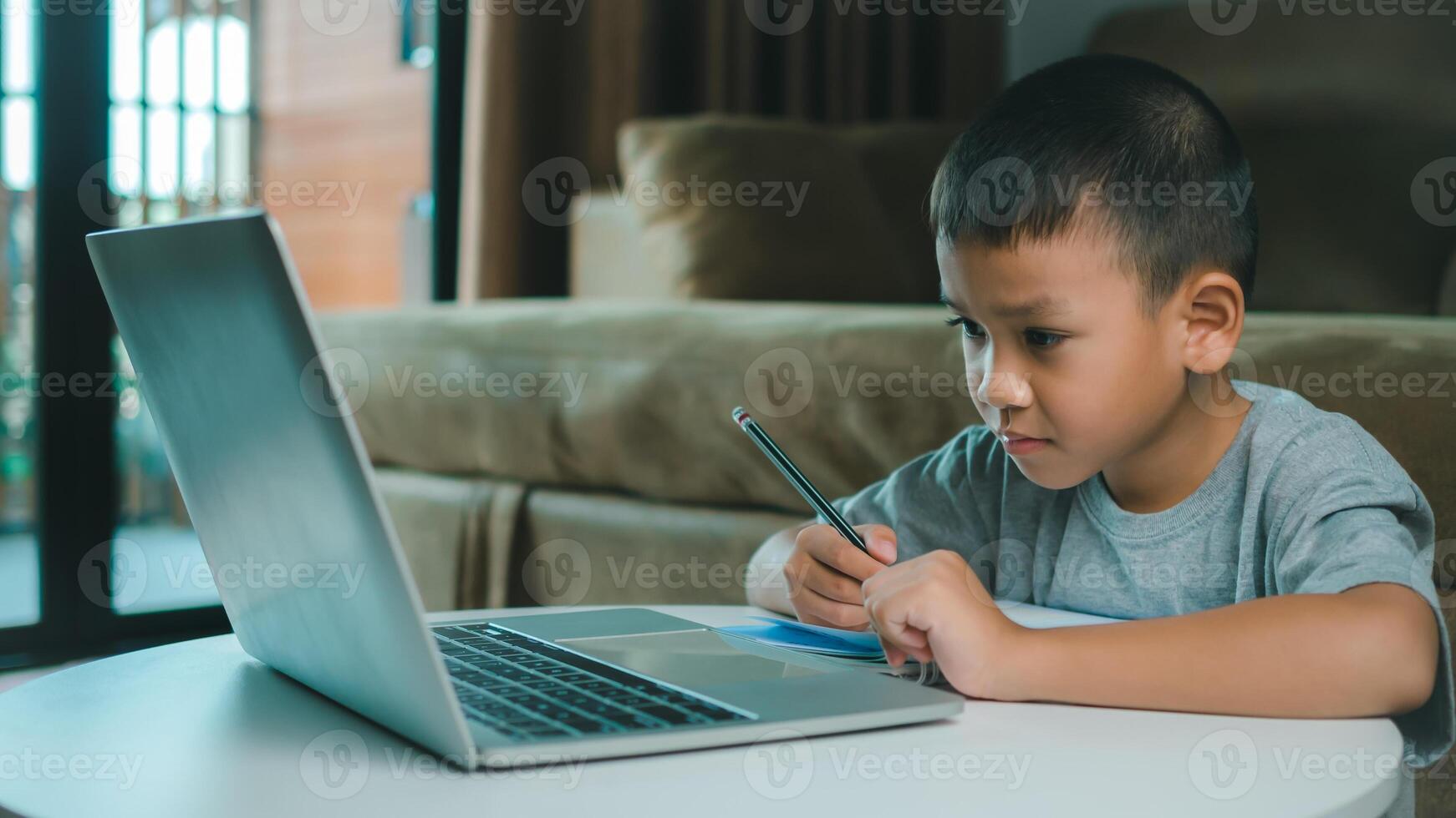Online education, Technology studying at home using laptop computer, Student distance learning virtual distance online class on call virtual lesson, Teaching child boy with remote education. photo
