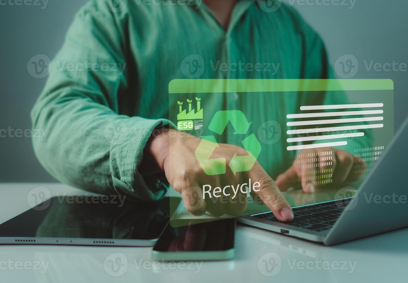 Environment conservation preservation save earth recycle concept, Ecological waste management and sustainable development, Businessman and recyclable symbols on virtual screen. photo