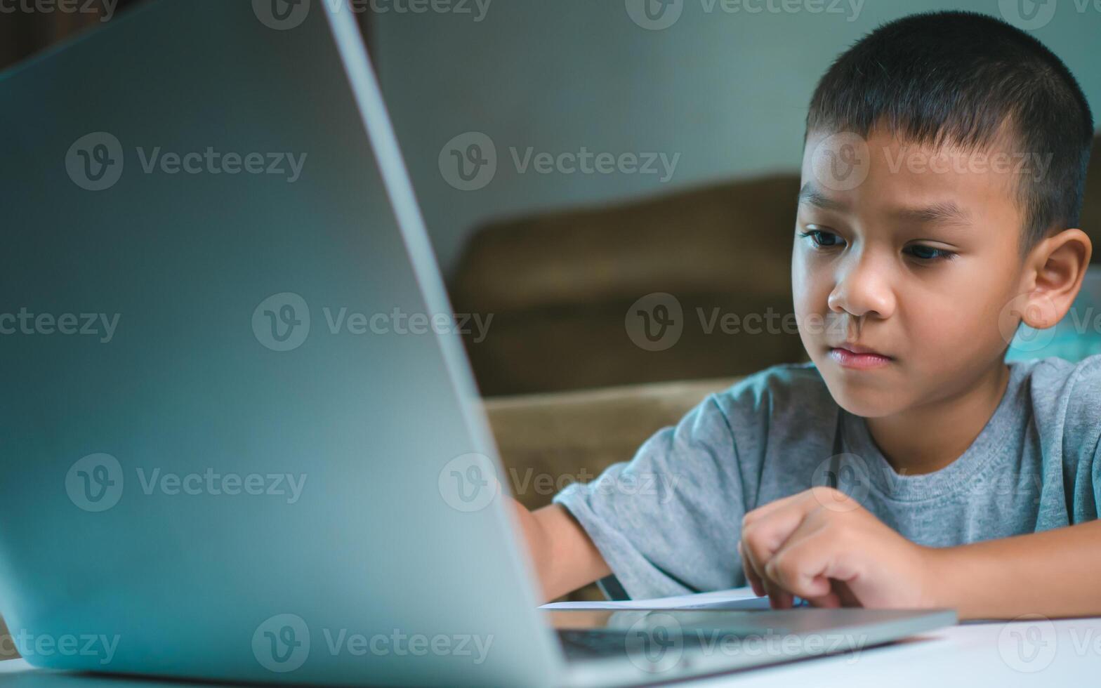 Online education, Technology studying at home using laptop computer, Student distance learning virtual distance online class on call virtual lesson, Teaching child boy with remote education. photo