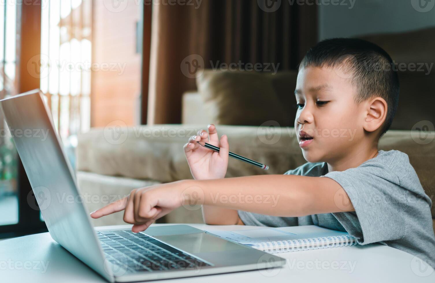 Technology studying at home using laptop computer, Student distance learning virtual distance online class on call virtual lesson, Parent or tutor teaching child boy with remote education. photo