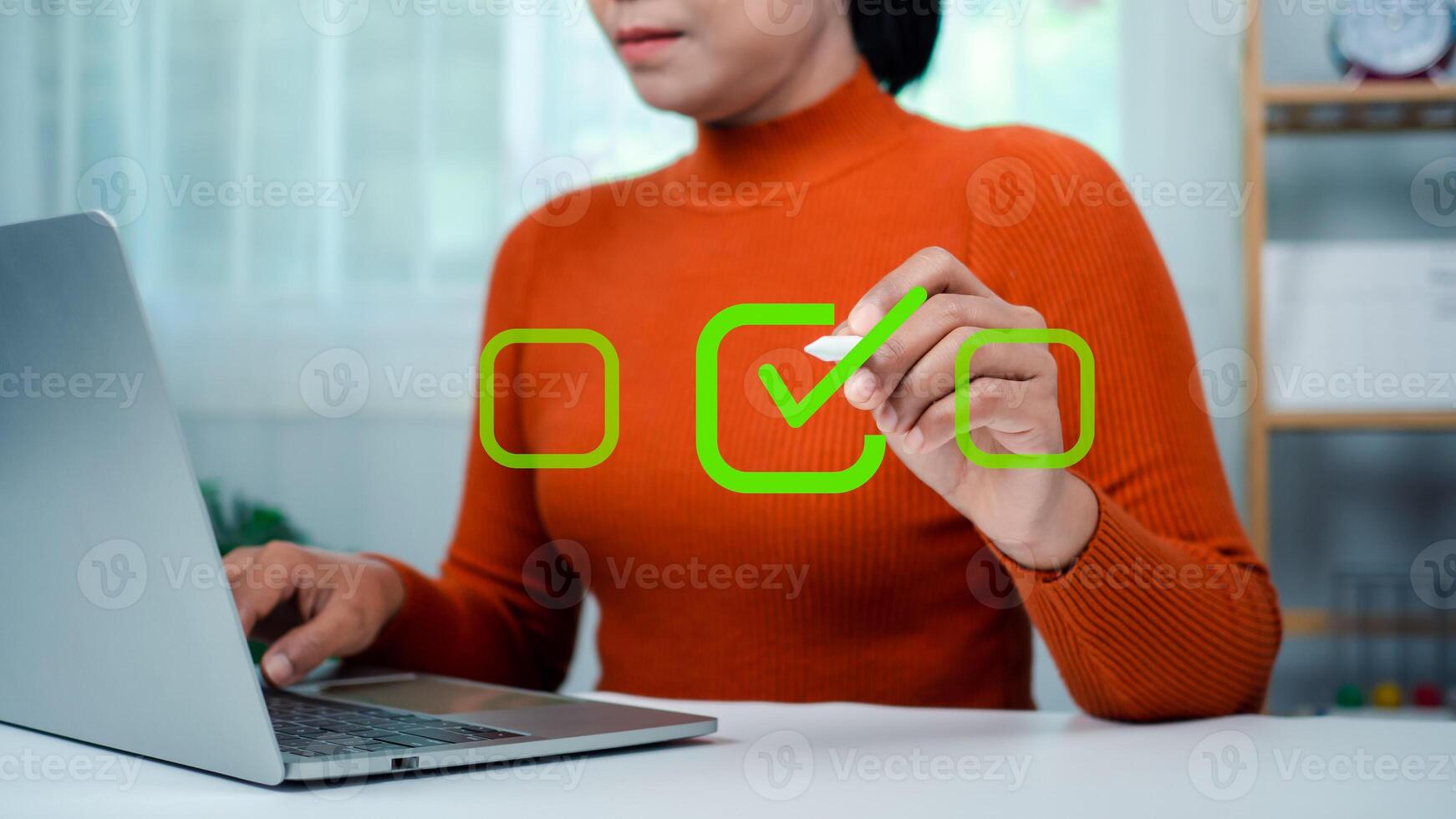 Woman write or tick correct mark to approve document or project, Application for certificate, Quality management and assurance, Business certification, Pass inspection, Accept approved, QA, QC. photo