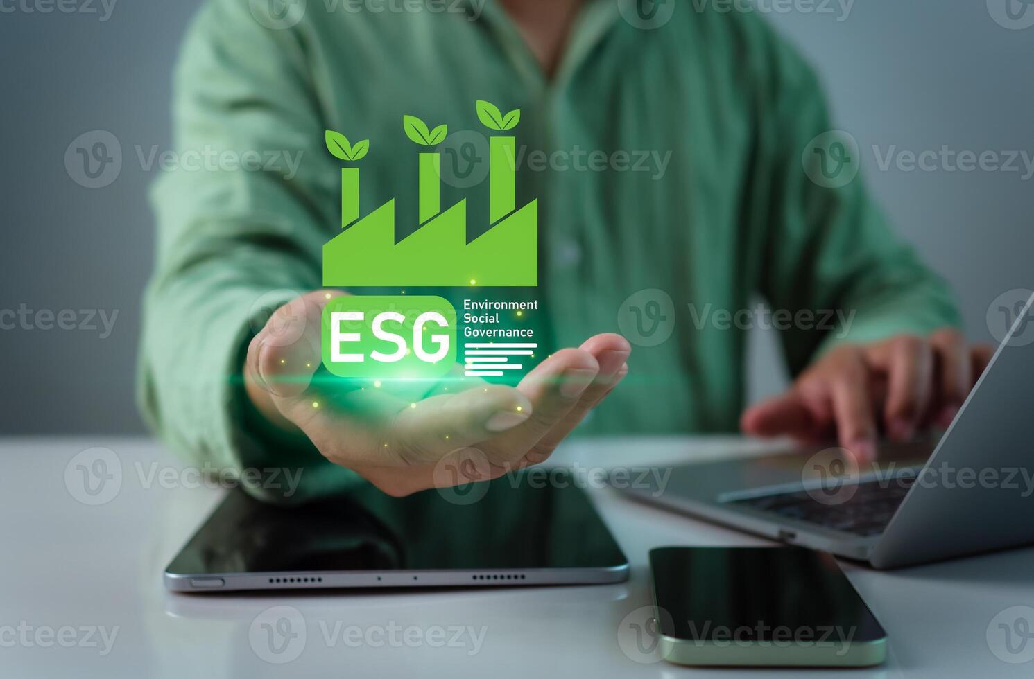 Businessman showing ESG icon to represent analyze sustainable investment concept, Environment social governance investment business concept, Social business strategy, Environment, Sustainability. photo