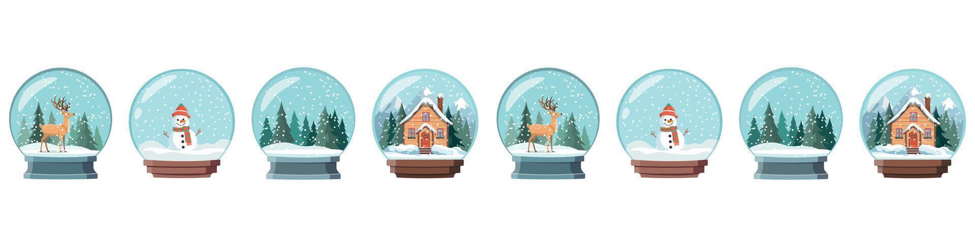 Seamless pattern with snow globes with winter scenes. Illustrations on Christmas theme. Design for winter season or Christmas. vector