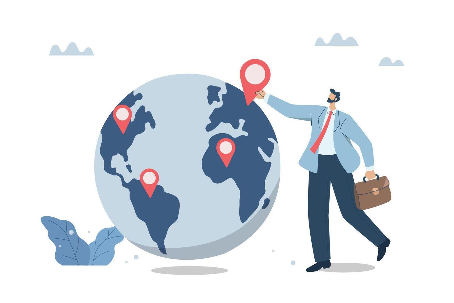 Business leaders put new branch pin on global map, Opening new franchise branches abroad, Business expansion or growth internationally, design illustration. vector