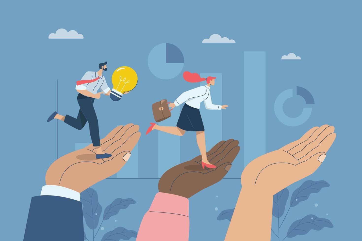 Helping or encouraging teammates to achieve their goals, Providing advice or guidance to employees, Business support encouraging the team, Big hands helping business people grow and progress. vector