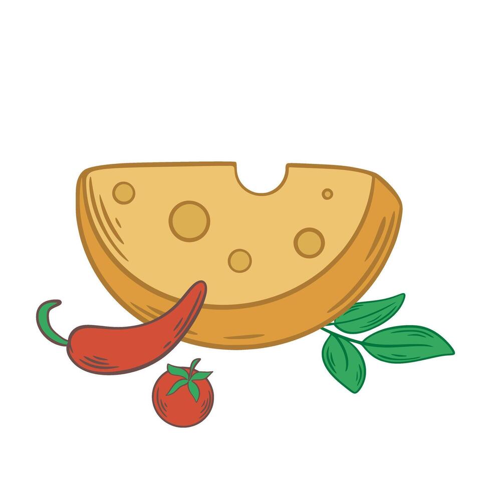 Emmental cheese with chili pepper, cherry tomato and basil sprig vector