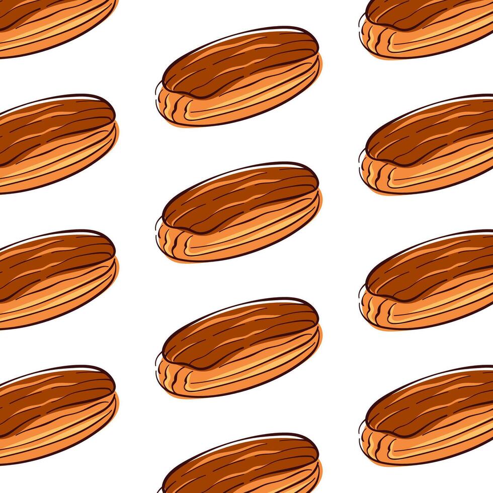 Seamless pattern with eclair in flat style. Design for bakery branding, packaging design, textile prints. vector