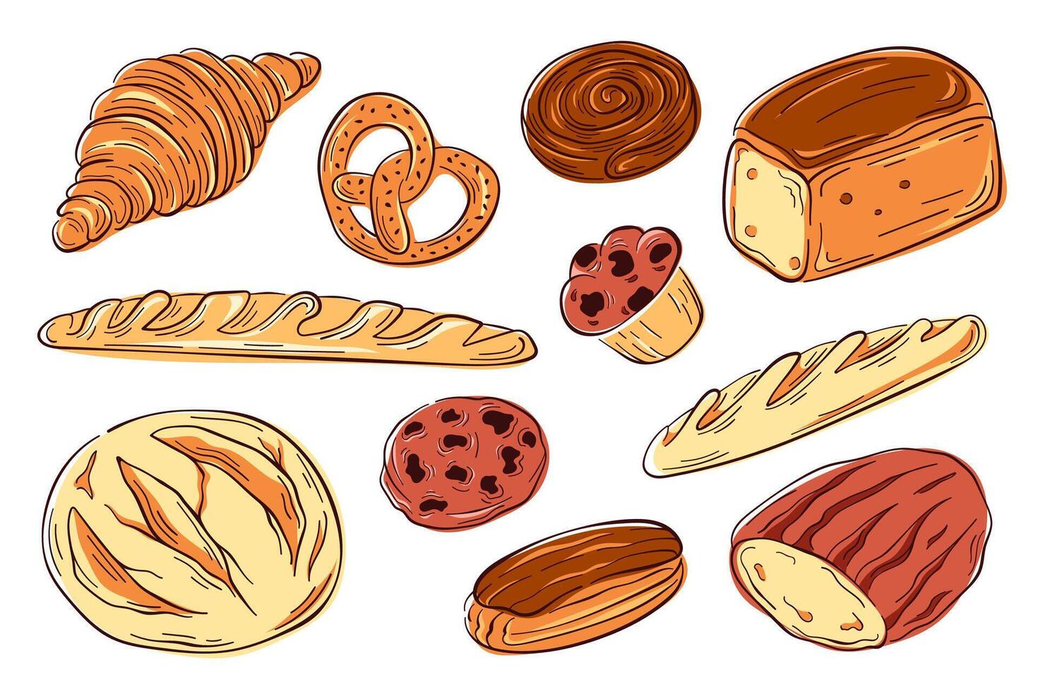 Various bakery and pastry food set in flat style. Collection of bread, buns, croissant, pretzel, eclair, cinnamon roll, baguette, chocolate cookie chip, muffin. vector