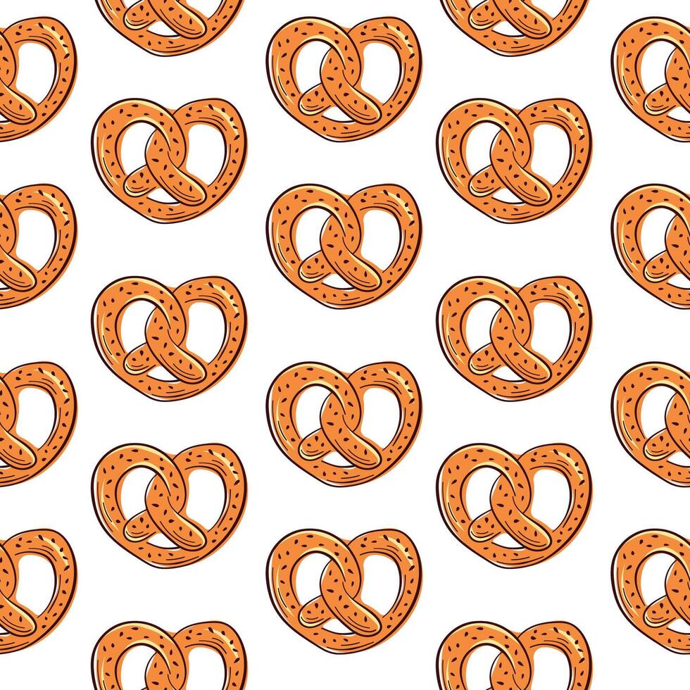 Seamless pattern with hand drawn pretzel on a white background. Design for food packaging, bakery or textile with baked goods. vector