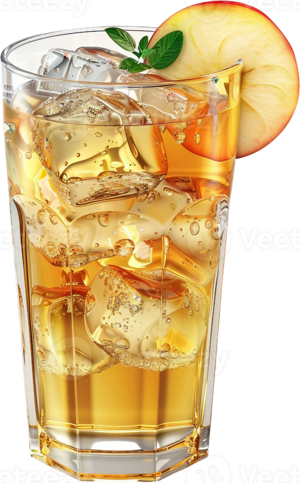 A glass of apple cider with ice and a slice of apple png