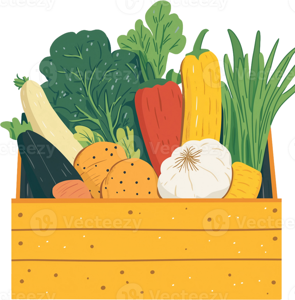 A wooden box filled with vegetables and other vegetables png