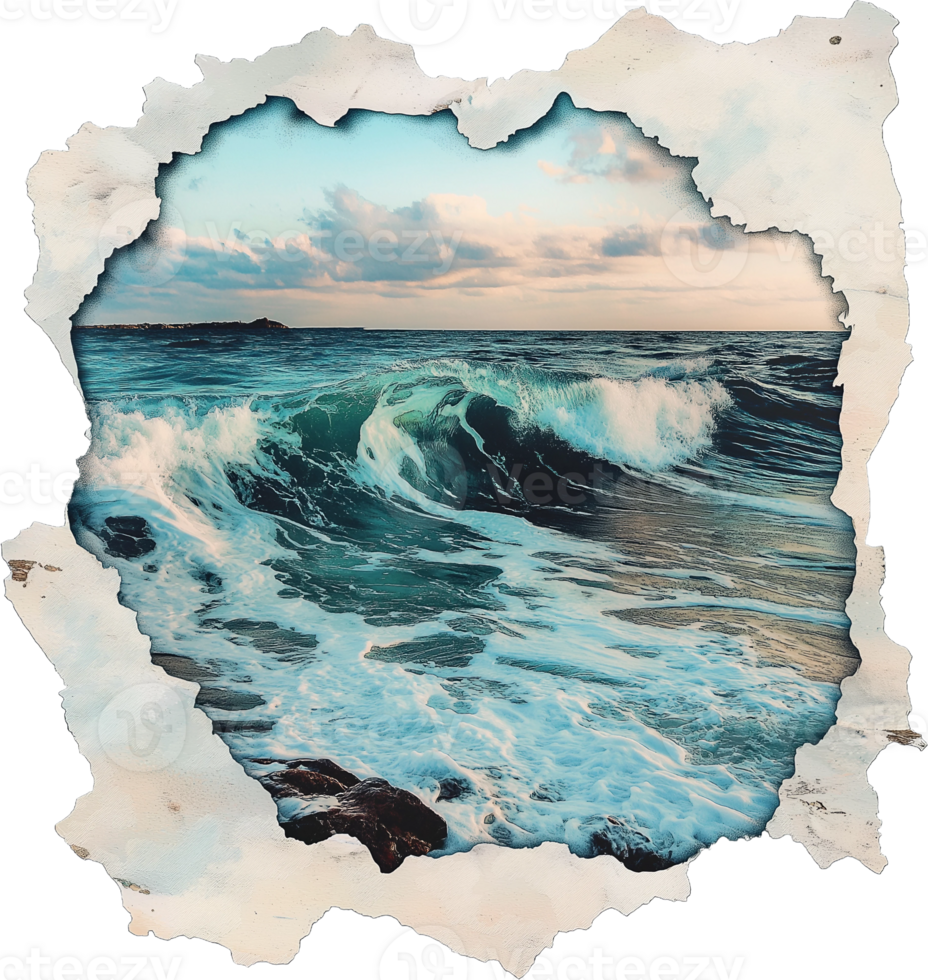 A torn paper with a picture of the ocean png