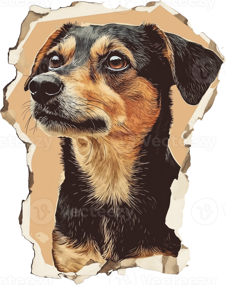 A dog portrait on a torn paper png