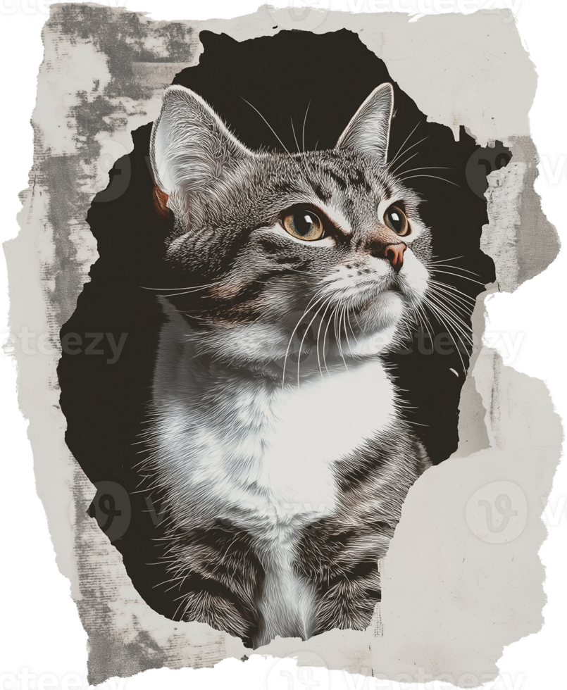 A cat is looking up through a hole in a paper png