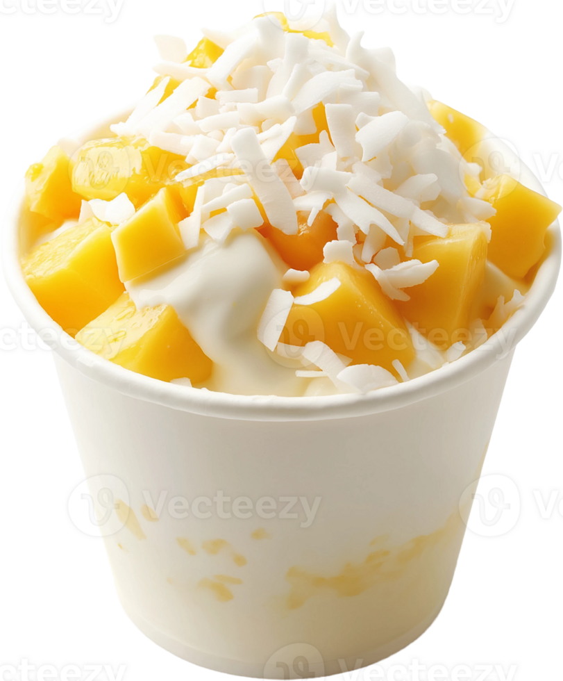 A bowl of mango yogurt with coconut flakes png