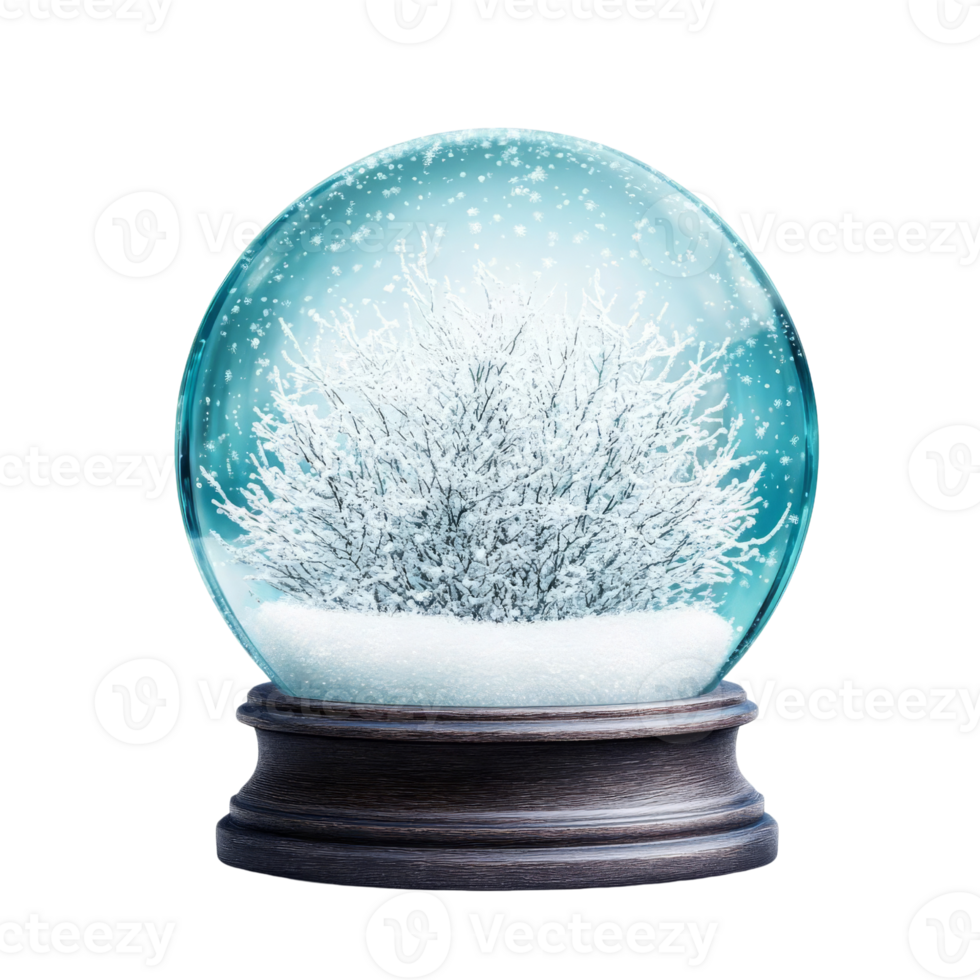 A snow globe with a snowy tree encased inside, resting on a wooden base. Snowflakes swirl around the tree in the winter scene. png