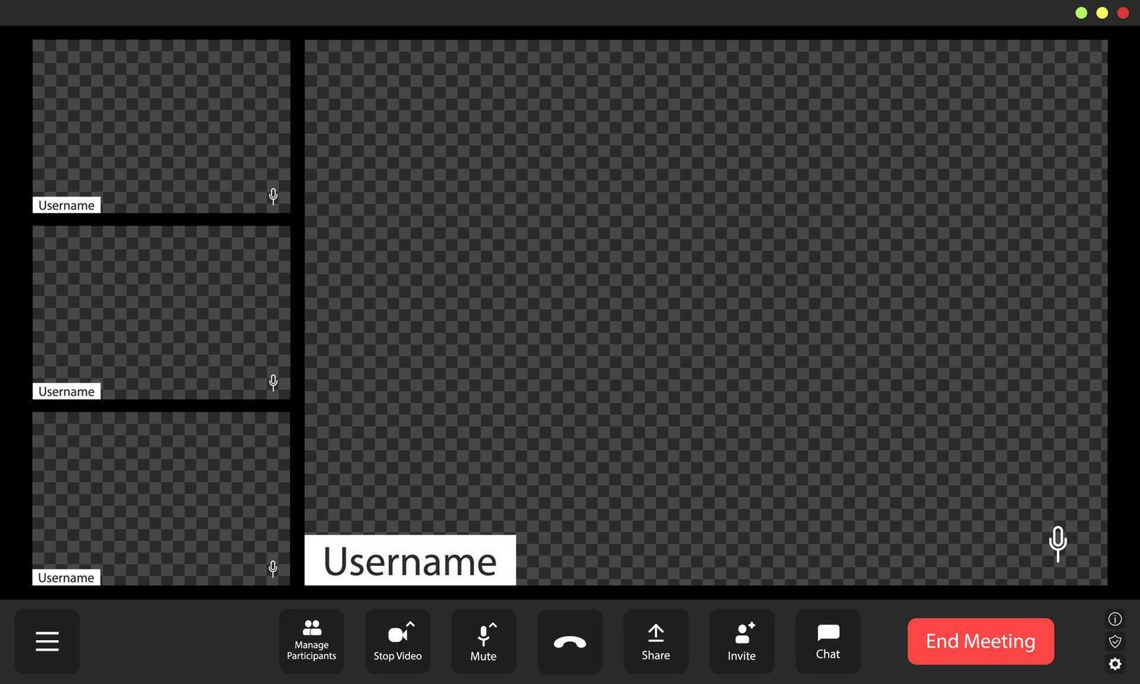 Empty virtual meeting interface with usernames displayed and preview boxes, indicating a pre-meeting setup vector