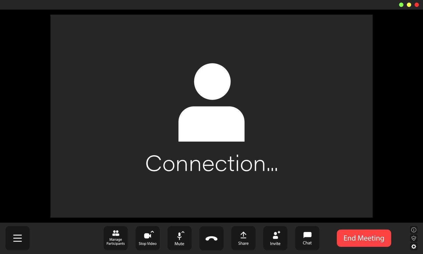 A user is experiencing connection issues during a virtual meeting, shown by the loading interface and placeholder for the participant's . vector