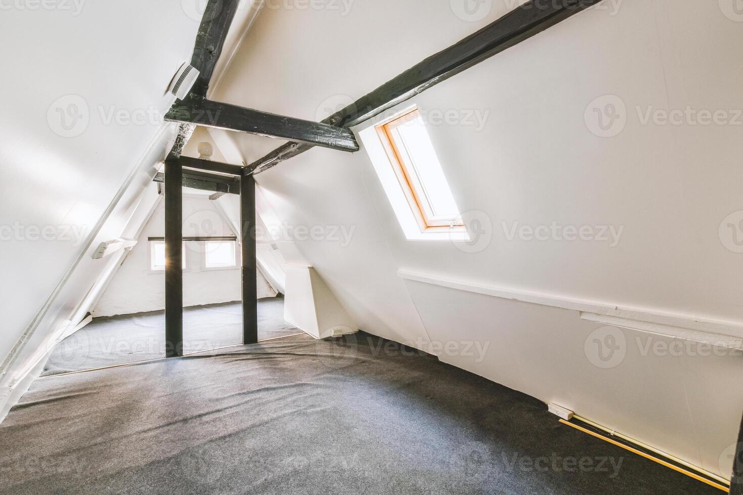 An attic with a ladder and a window photo