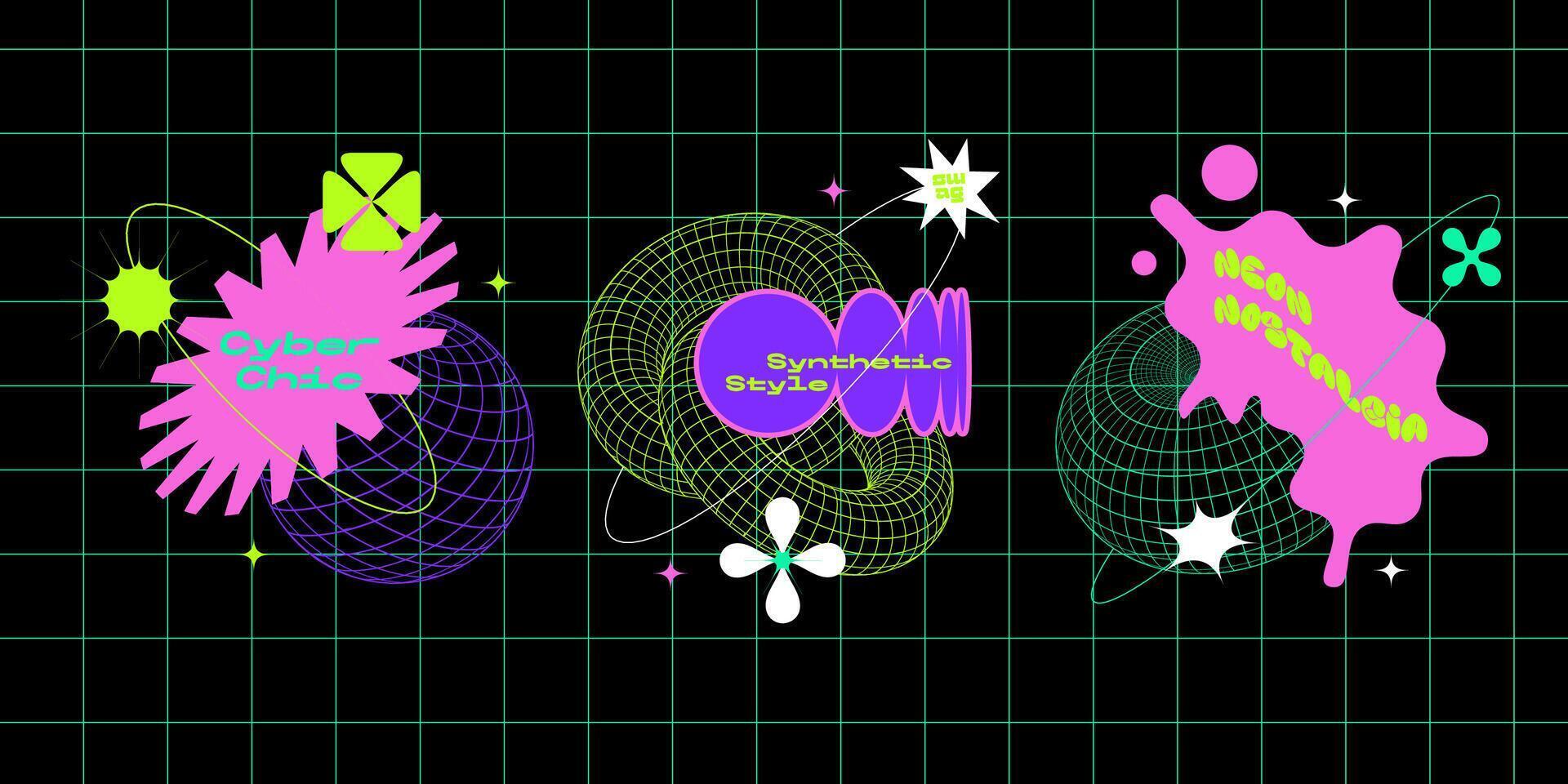 Modern y2k cyberpunk motivational cool sticker pack. Positive neon nostalgic phrases. Isolated brutalist stamps, labels, patches, tags with text. vector
