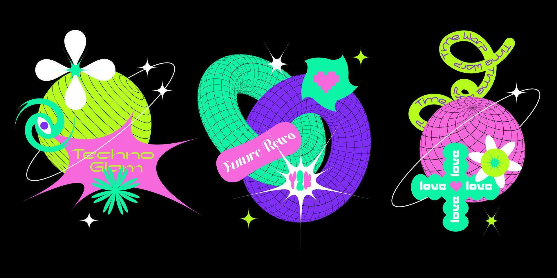 Techno streetwear print design templates in y2k brutalist style with neon color grid abstract elements, geometric shapes. collection of retro futuristic stickers or stamps with wireframe quotes vector