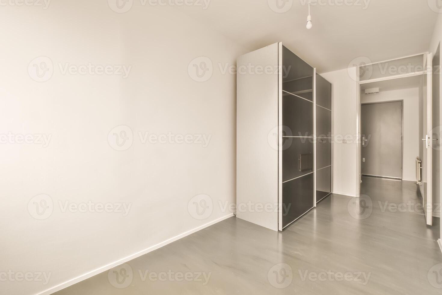 A hallway with a white wall and a large cabinet photo