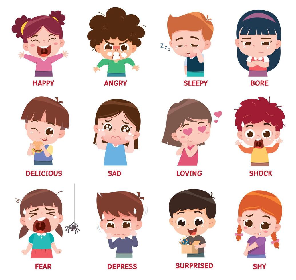 Cartoon emotions children, Variety kids face expressions vector