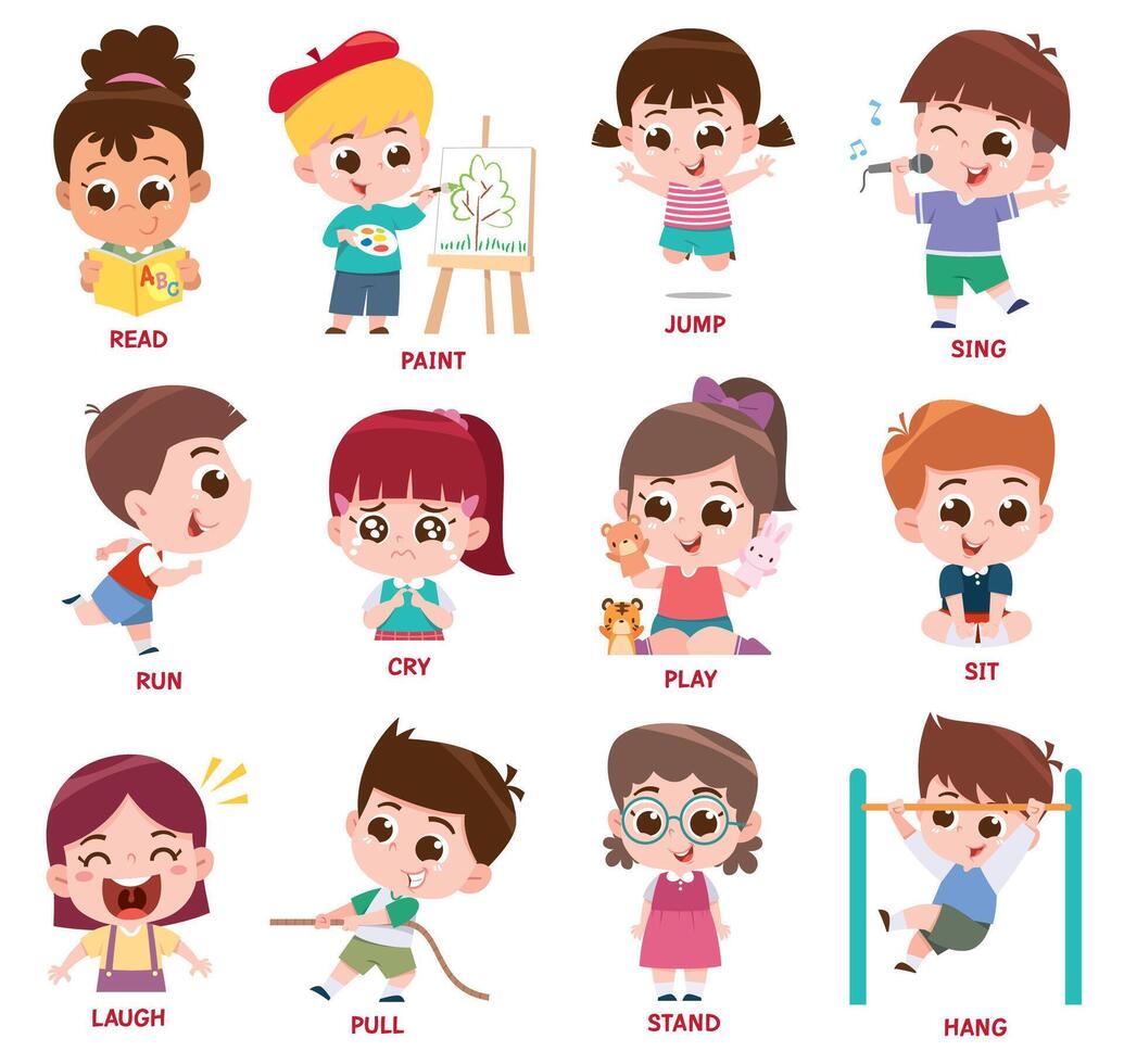 Verbs Expressing Actions Set.Cartoon kids character. Kids Doing Activities vector