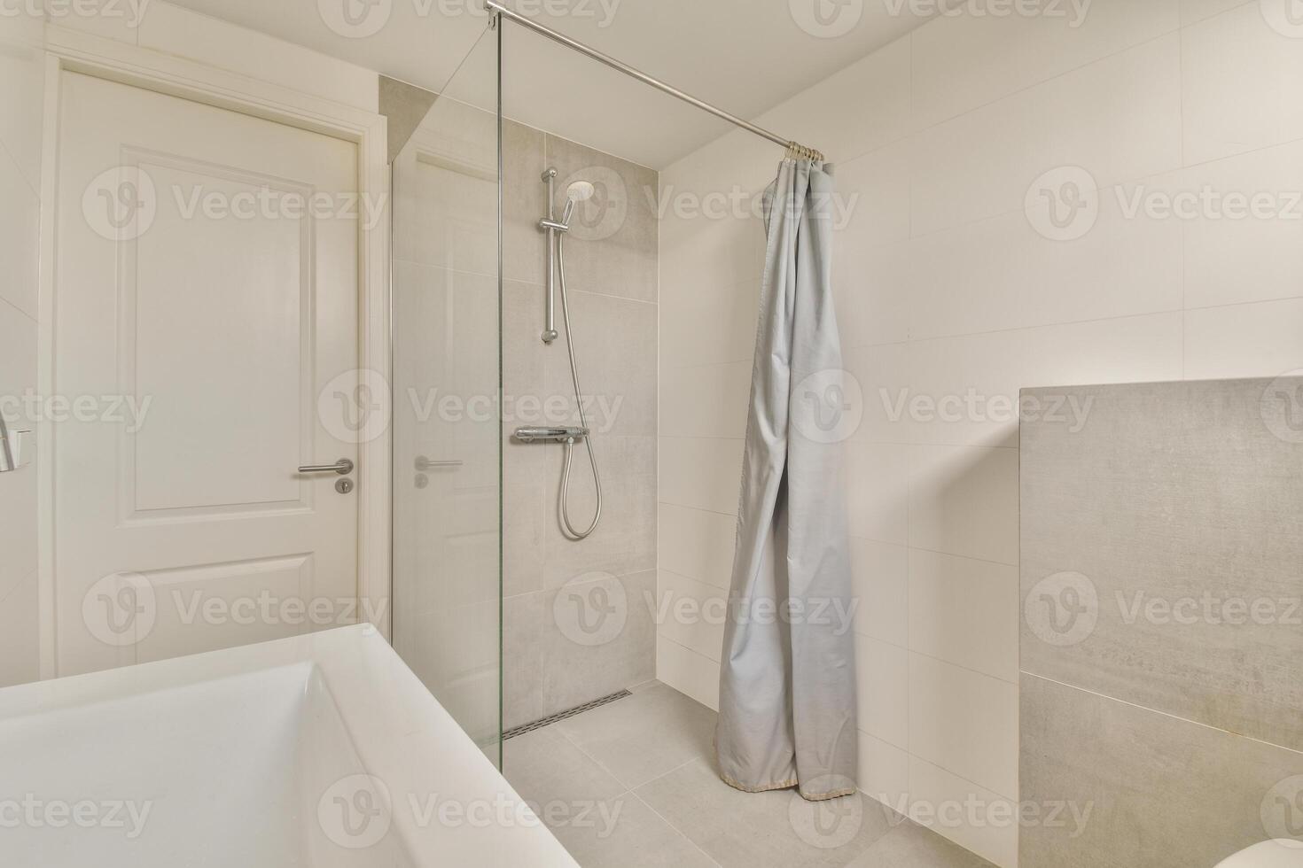 A bathroom with a shower and a toilet photo
