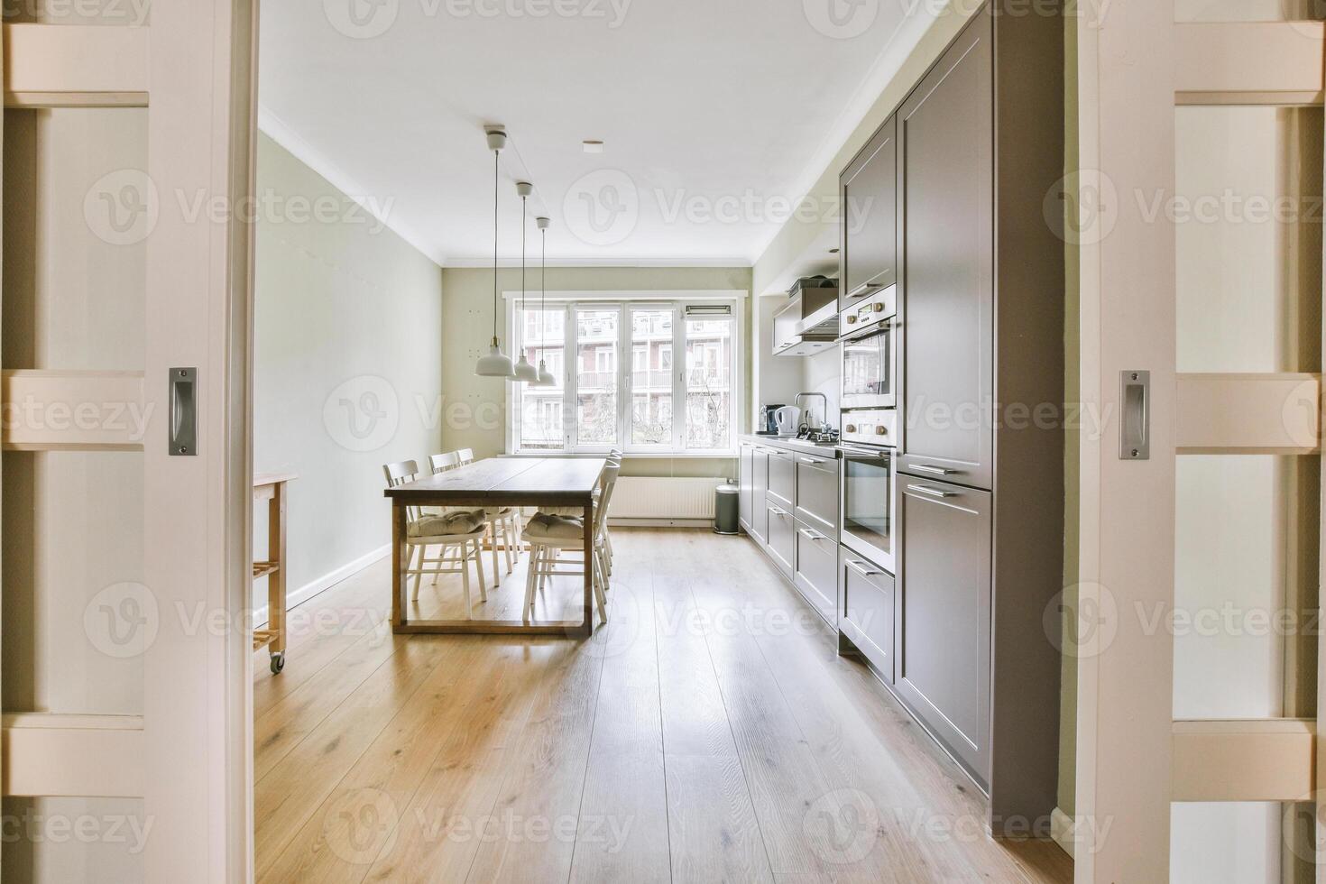 A view of a kitchen and dining room from an open door photo