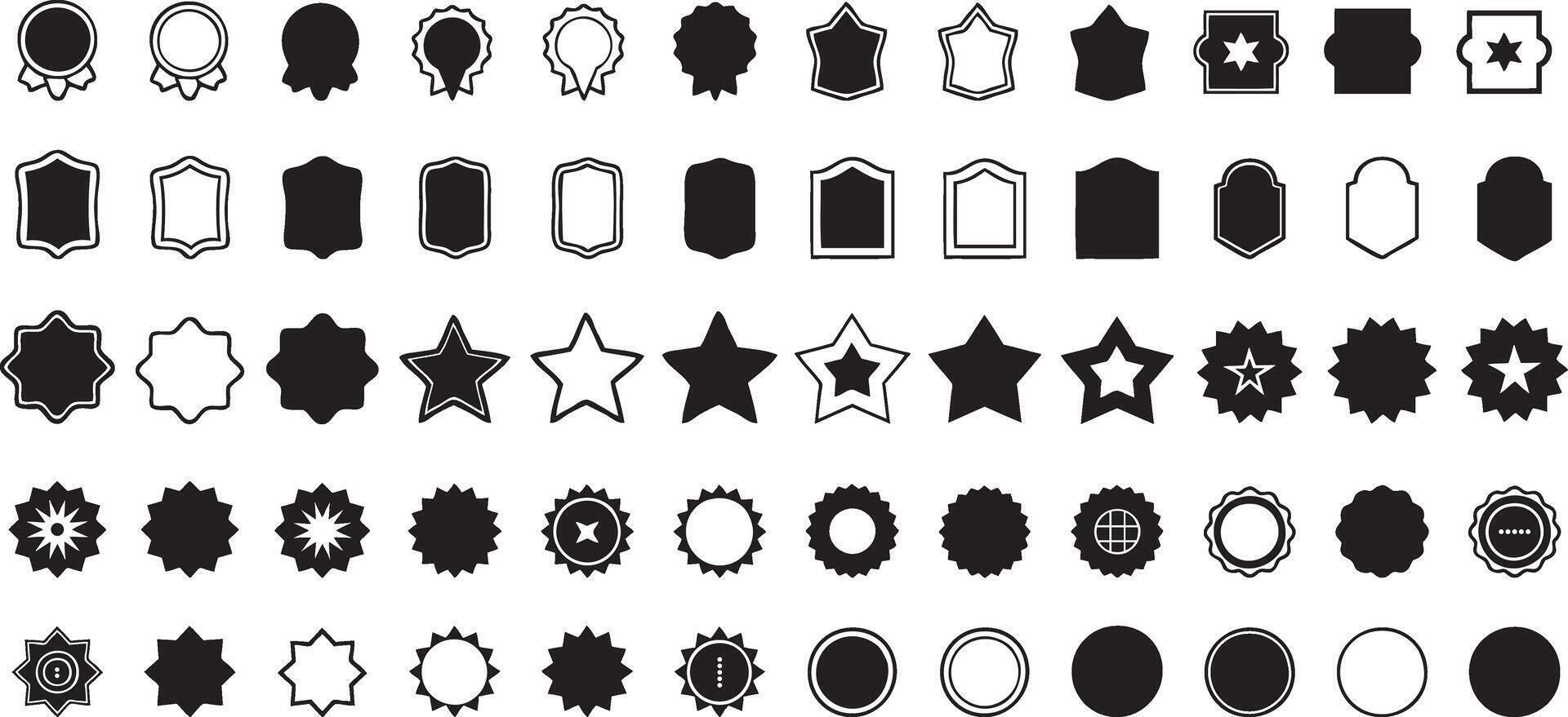 Badges shape silhouette. badges shape collections Set.Black template for patch,insignias, overlay.Circle sticker set.Wavy edge promo black badges. Star burst shape tags for price vector