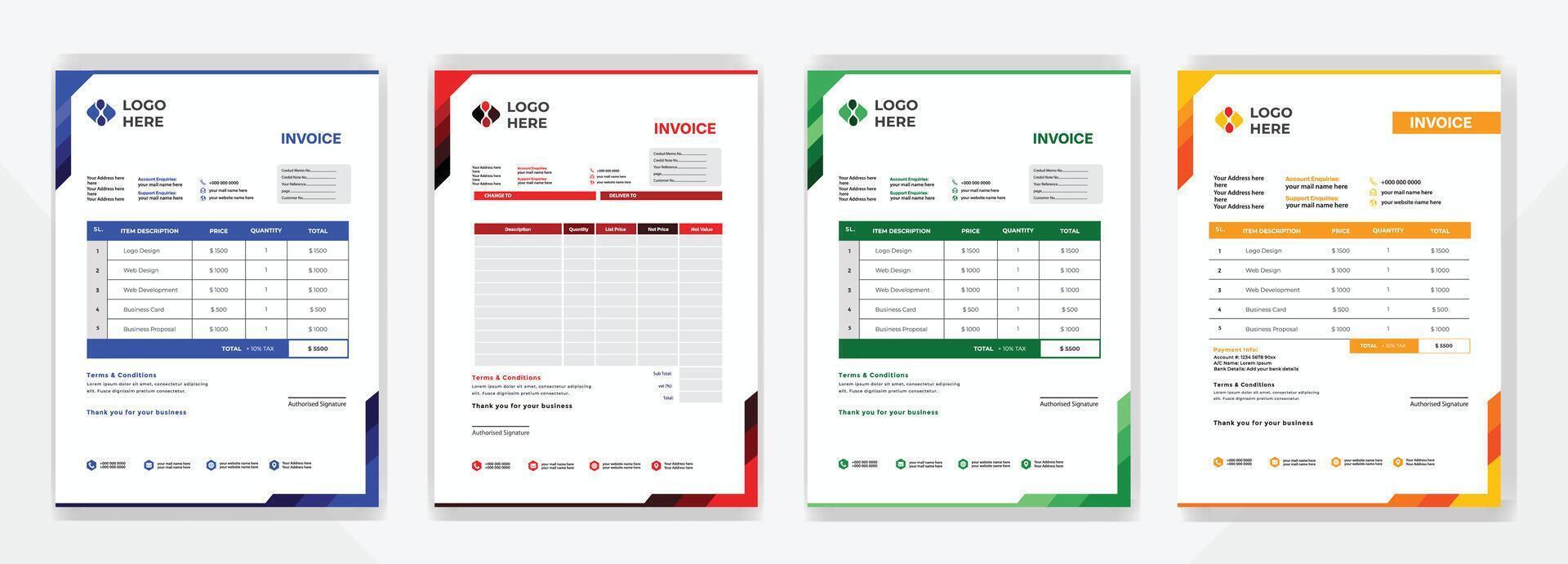 Invoice template design, Invoicing quotes, money bills, price invoices, payment agreement design, business invoice vector