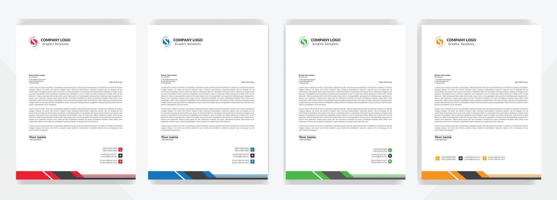 Multipurpose corporate businesses template with a4 size. stationery item modern letterhead. green, blue, red, and yellow with four color variations. vector