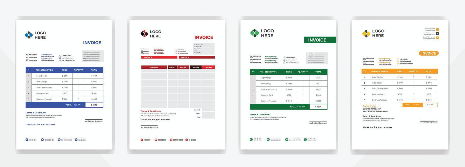 Modern business invoice template design bundle. Bill form business invoice . Corporate invoice template set, receipt tax or bill vector