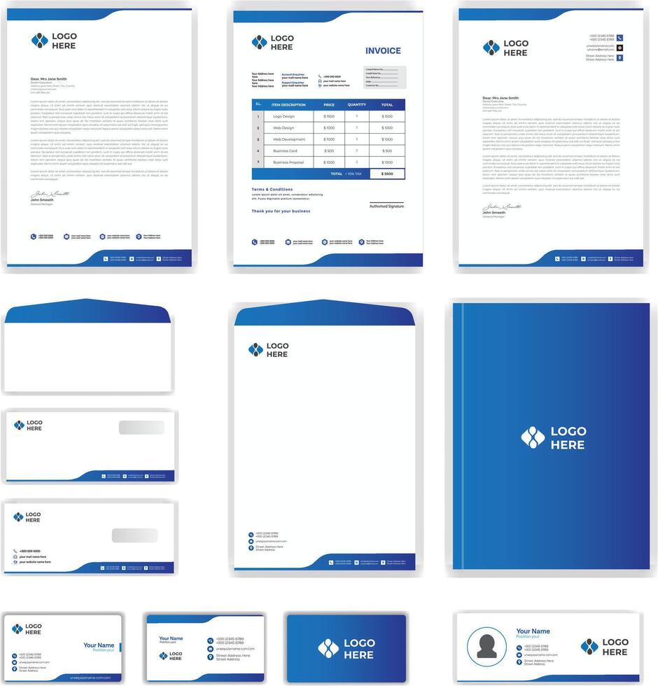 Modern Corporate professional creative Stationery design with Letterhead, Business card, invoice, Envelope, email signature, cover design for any best use vector