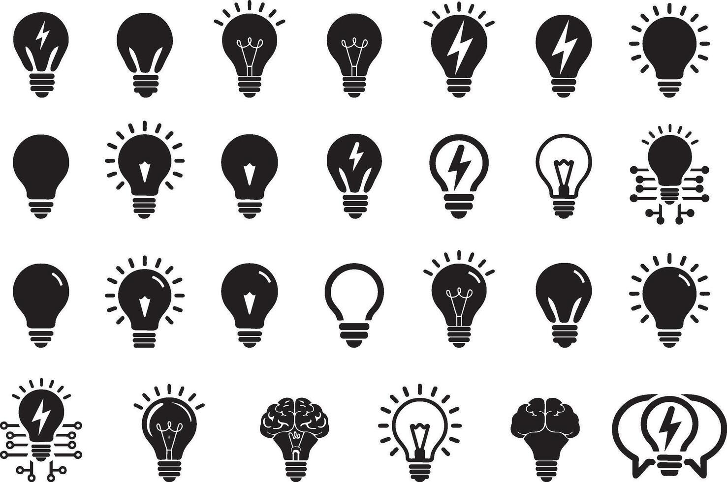 A set of light bulb icon on white background. Idea symbol. Electric lamp, light, innovation, solution, creative thinking, electricity. Outline, flat and colored style. Flat design. vector