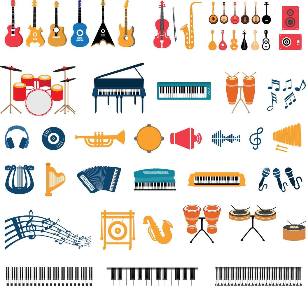 Musical instruments, set of icons. Guitar, synthesizer, violin, cello, drum, cymbals saxophone accordion tambourine grand piano illustration vector